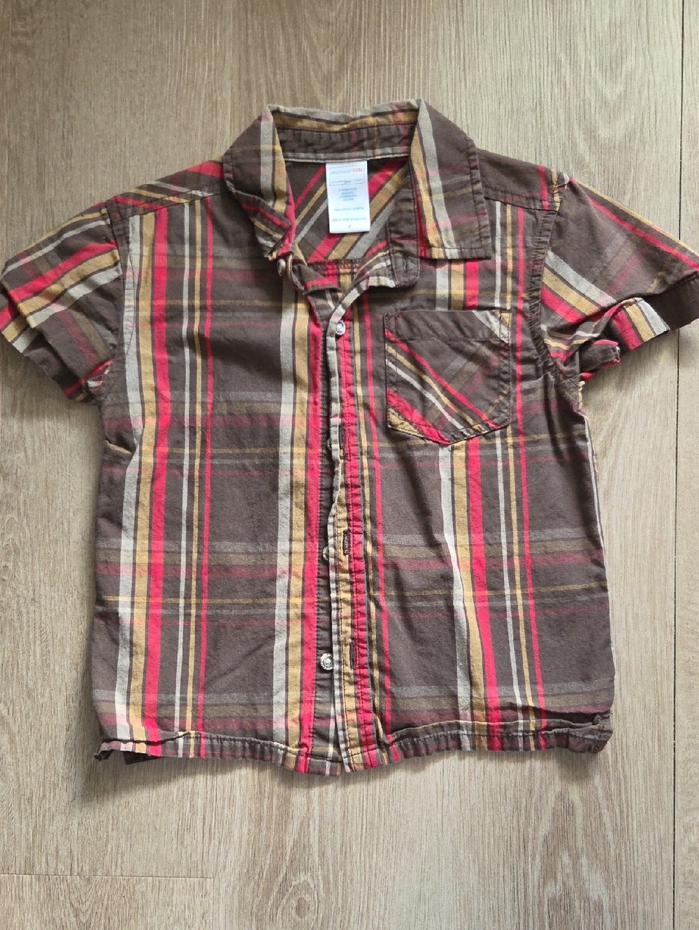 Wonderkids Brown, Red & Cream Plaid Short-Sleeve Button-Up